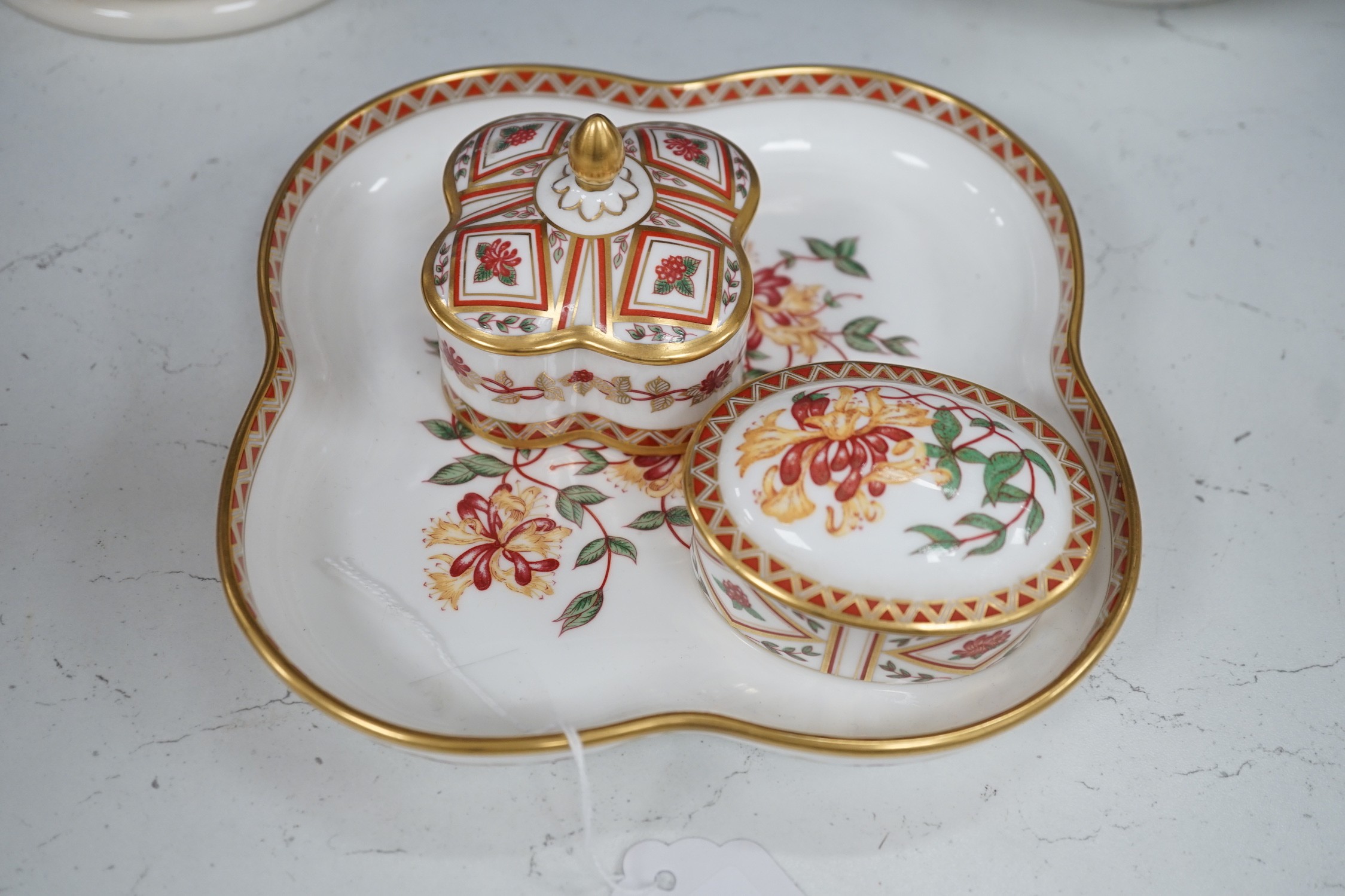 A Royal Crown Derby trinket set, Honeysuckle pattern and a few blue-printed earthenware items including Spode, Maling ware, etc.